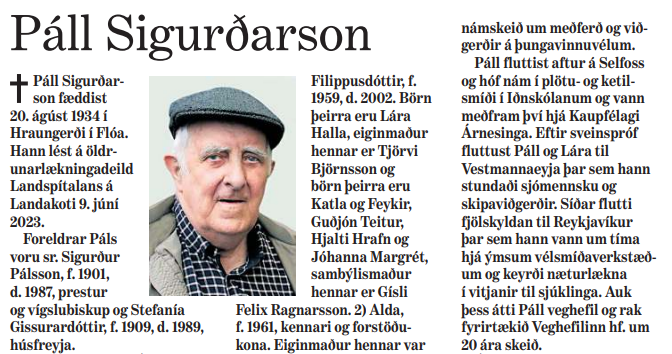 PÁLL SIGURÐARSON KVADDUR